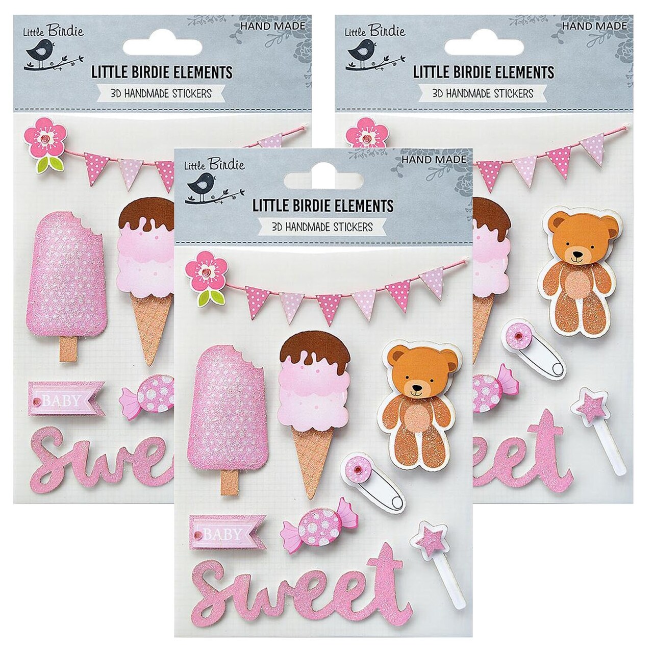 Pack of 3 - Little Birdie Sticker Embellishment 9/Pkg-Sweet Baby Girl
